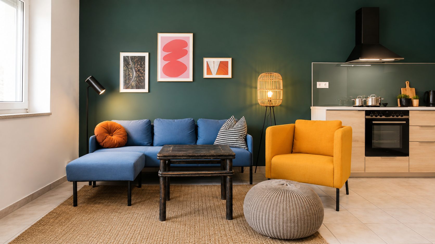 Helles Wohnzimmer mit offener Küche, dunkelgrüner Akzentwand und warmen Holztönen im MUC Apartment