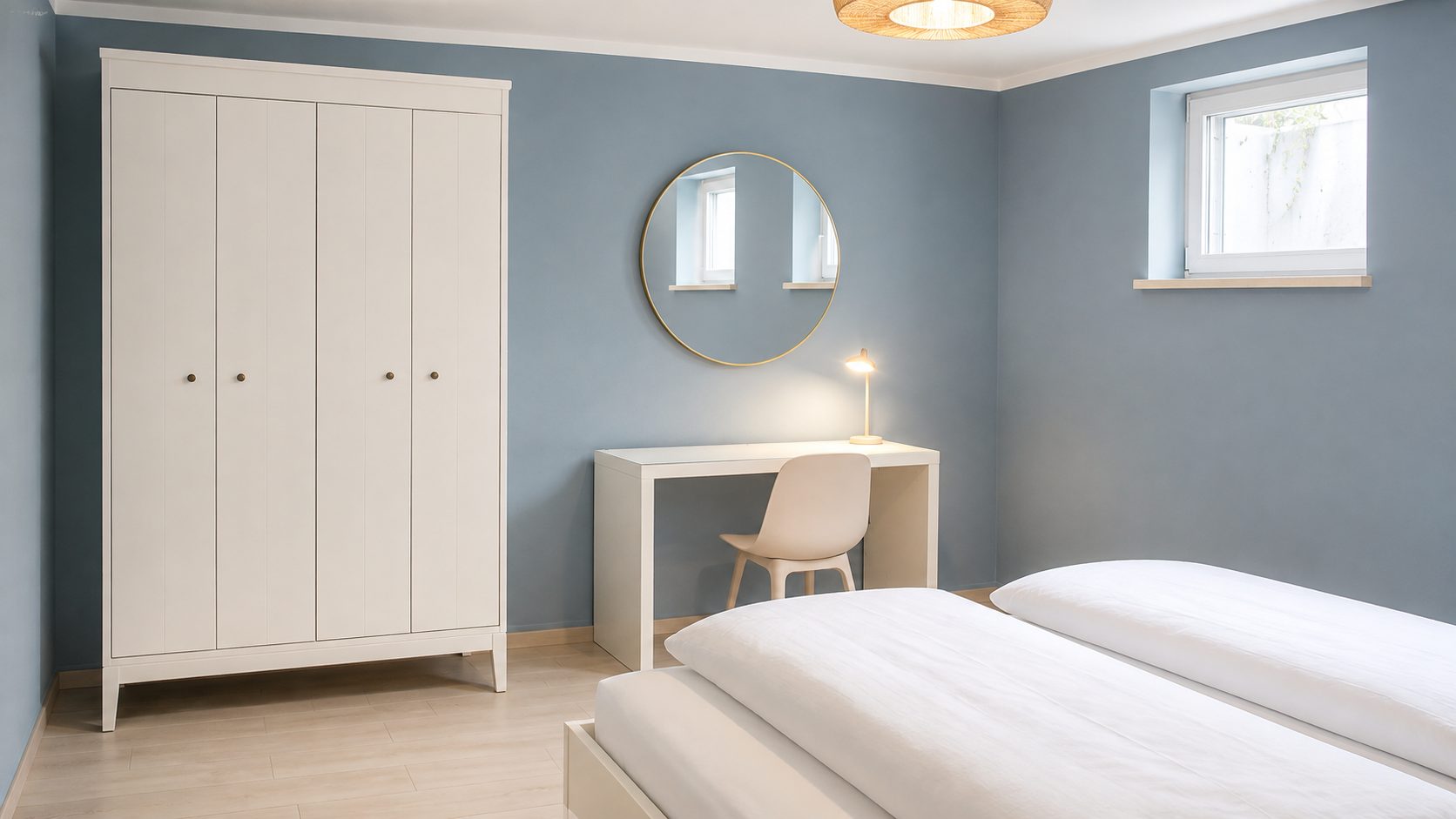 Schreibtisch und Kleiderschrank im zweiten Schlafzimmer