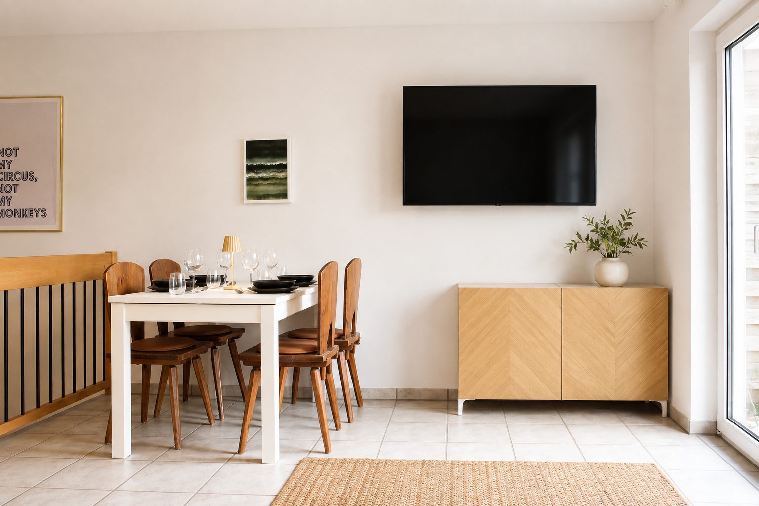 Essbereich mit Sideboard und wandmontiertem Flachbild-TV