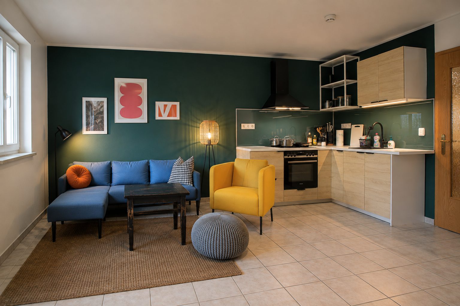 Wohn- und Küchenbereich des MUC Apartments mit dunkelgrüner Wand, blauem Sofa und Essplatz